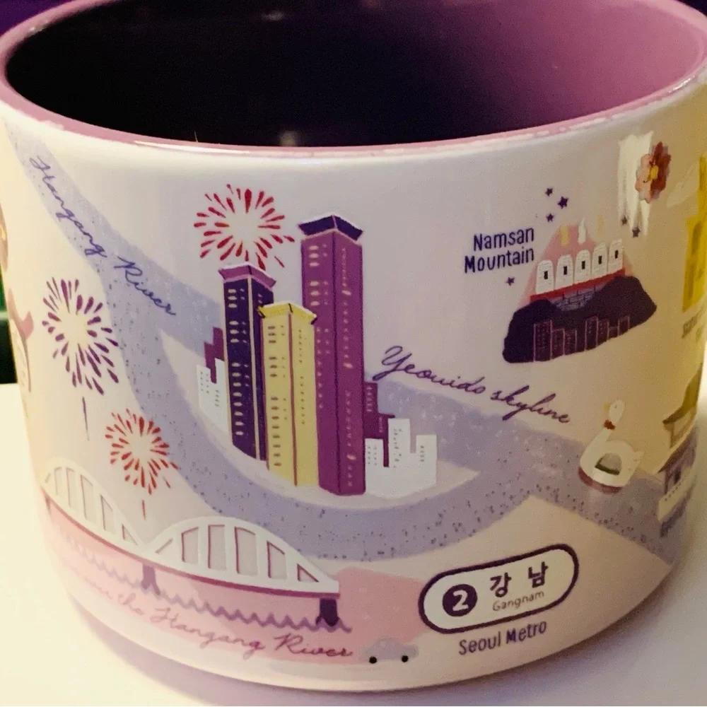 💜 Seoul, Starbucks Korea Mug w Purple & White. Featuring the popular landmarks